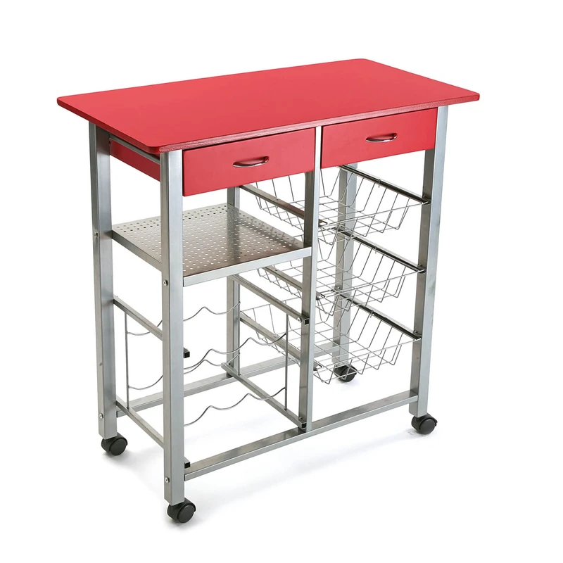 Versa Leicester Kitchen trolley with wheels, drawers and bottle rack, Greengrocer with pantry and organizers, Kitchen storage, Measurements (H x L x W) 82 x 40 x 76 cm, Wood and Metal, Colour Red