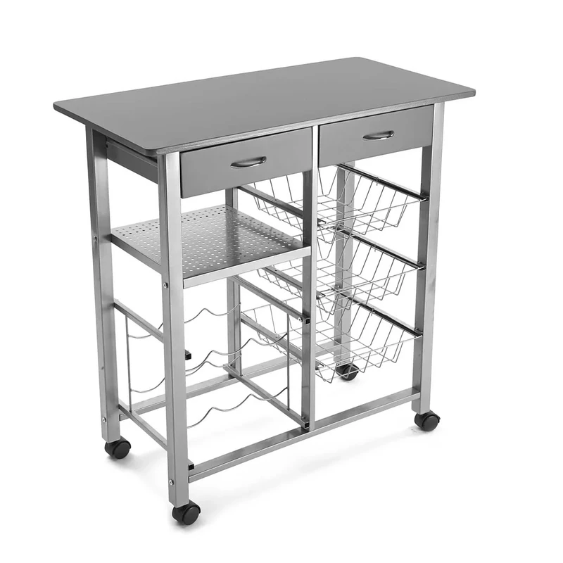 Versa Leicester Kitchen trolley with wheels, drawers and bottle rack, Greengrocer with pantry and organizers, Kitchen storage, Measurements (H x L x W) 82 x 40 x 76 cm, Wood and Metal, Colour Grey