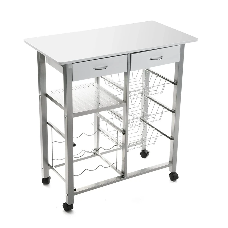 Versa Leicester Kitchen trolley with wheels, drawers and bottle rack, Greengrocer with pantry and organizers, Kitchen storage, Measurements (H x L x W) 82 x 40 x 76 cm, Wood and Metal, Colour White