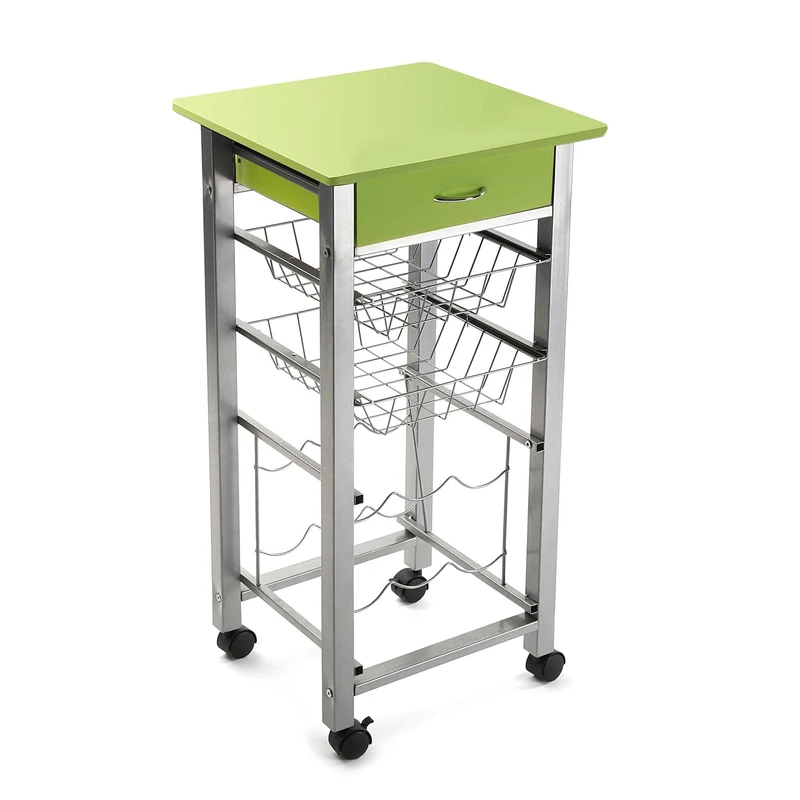 Versa Leicester Kitchen Trolley with Wheels, Drawers and Bottle Rack, Greenery Basket with Pantry and Organizers, Kitchen Storage, Measures (HxDxW) 82 x 40 x 40 cm, Wood and Metal, Green