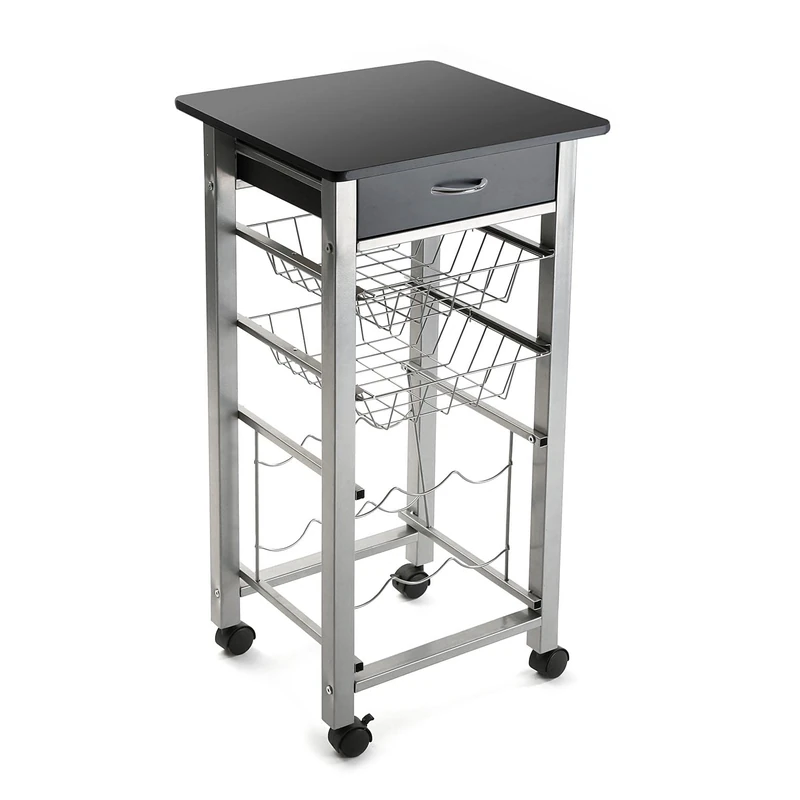 Versa Leicester Kitchen Trolley with Wheels, Drawers and Bottle Rack, Greenery Basket with Pantry and Organizers, Kitchen Storage, Measures (HxWxD), 82 x 40 x 40 cm, Wood and Metal, Black