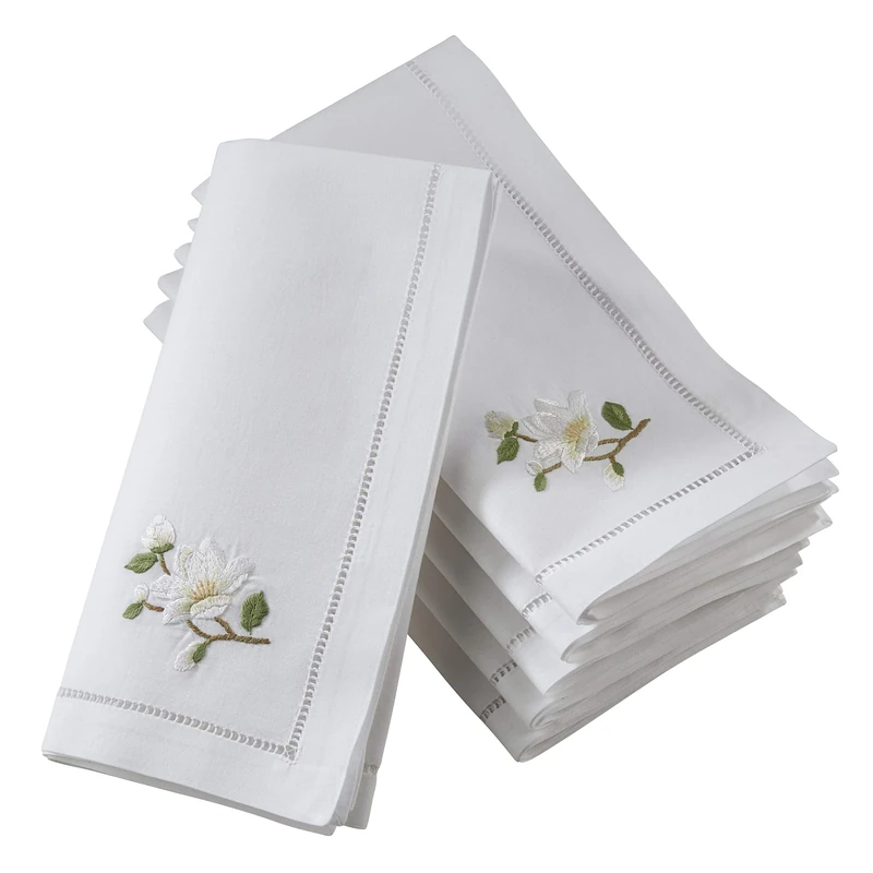 SARO LIFESTYLE NM143.W20S The Broderie Collection Hemstitch Table Napkins with Embroidered Magnolia Design (Set of 6), 100% Cotton - Image 1
