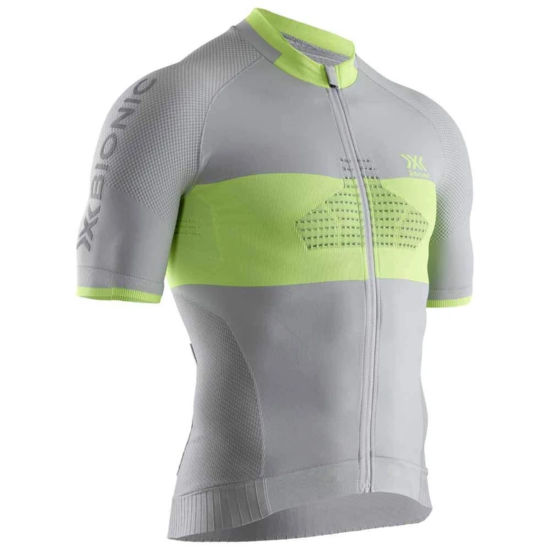 X-BIONIC Men Invent 4.0 Bike Race Zip Short Sleeve Shirt - Dolomite Grey/Phyton Yellow, Small