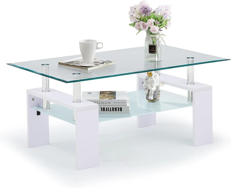 TUKAILAi Rectangle Clear Glass Coffee Table Modern Side Table with Lower Shelf Chrome and MDF Support Living Room Guest Reception Room Table White