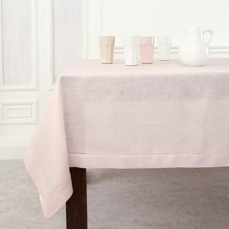 Solino Home 100% Pure Linen Tablecloth Pink, Classic Hemstitch 60 x 120 in