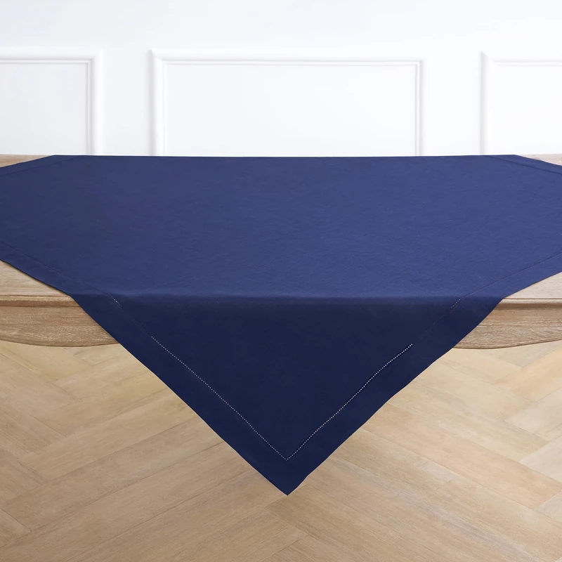 Solino Home 100% Pure Linen Table Cloth, Throw Navy Hemstitch, 52 x 52 in