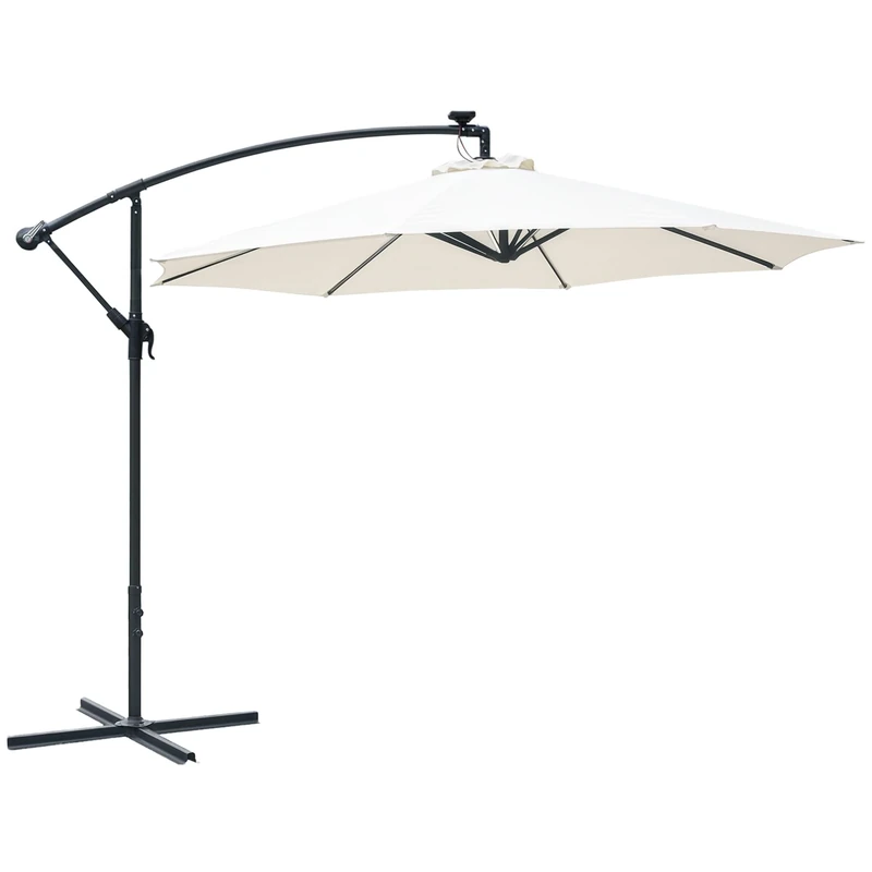 Outsunny 3(m) Banana Cantilever Parasol with Solar LED Lights, Garden Umbrella with Cross Base and Crank Handle, Hanging Offset Sun Shade for Outdoor, Patio, Cream White
