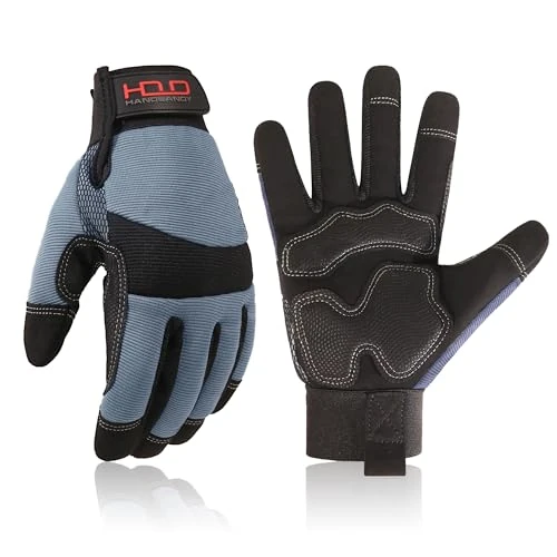 HANDLANDY Anti Vibration Safety Work Gloves for Men Women, Breathable Flexible Spandex Back, Touch Screen Utility Glove (Medium, Grey)