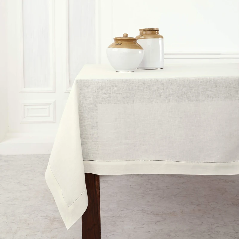 Solino Home 100% Pure Linen Tablecloth Ivory, Classic Hemstitch 60 x 108 in