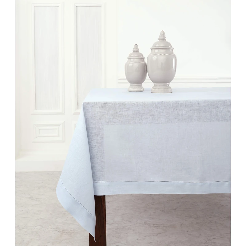 Solino Home Linen Tablecloth 60 x 108 Inch – 100% Pure Linen Light Blue Tablecloth for Spring, Easter, Summer, Wedding, Indoor, Outdoor – Classic Hemstitch, Handcrafted from European Flax