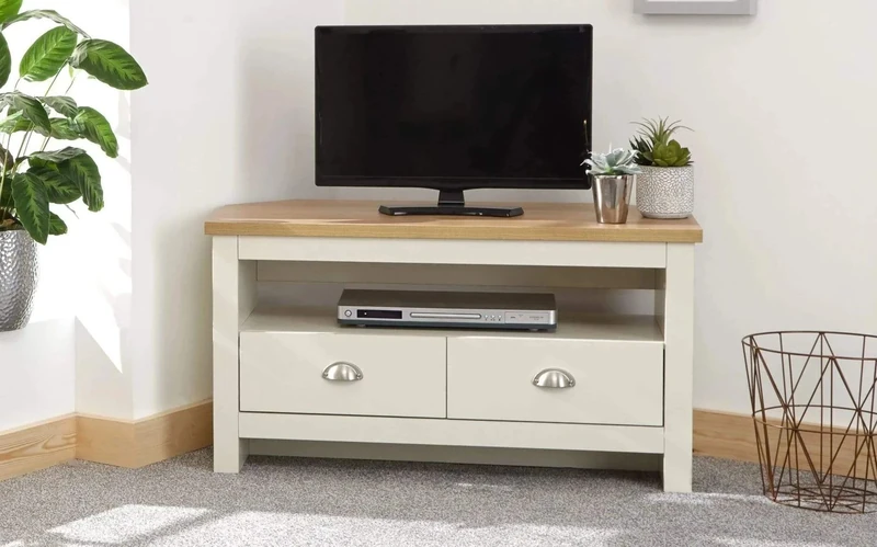 GFW Lancaster Wood Corner TV Cabinet With Shelf & Drawers, Cream, H 51cm x W 95cm x D 45cm