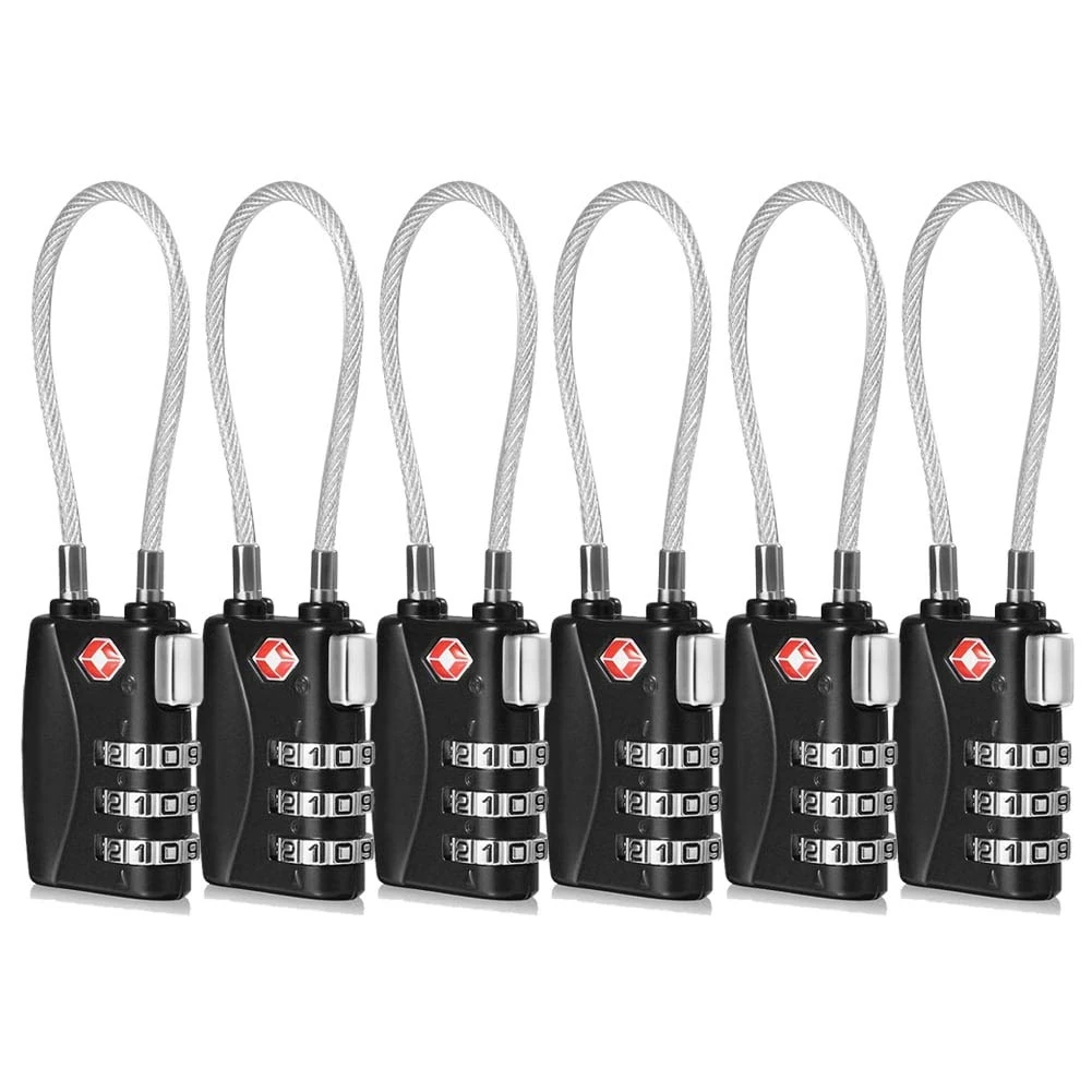 CFMOUR TSA Locks - 1, 2, 3, 4, 5, 6 Pack 3-Dial Security Cable Travel Combination Padlock for Suitcase Luggage Case Bag Code Lock - Black (Pack of 6)