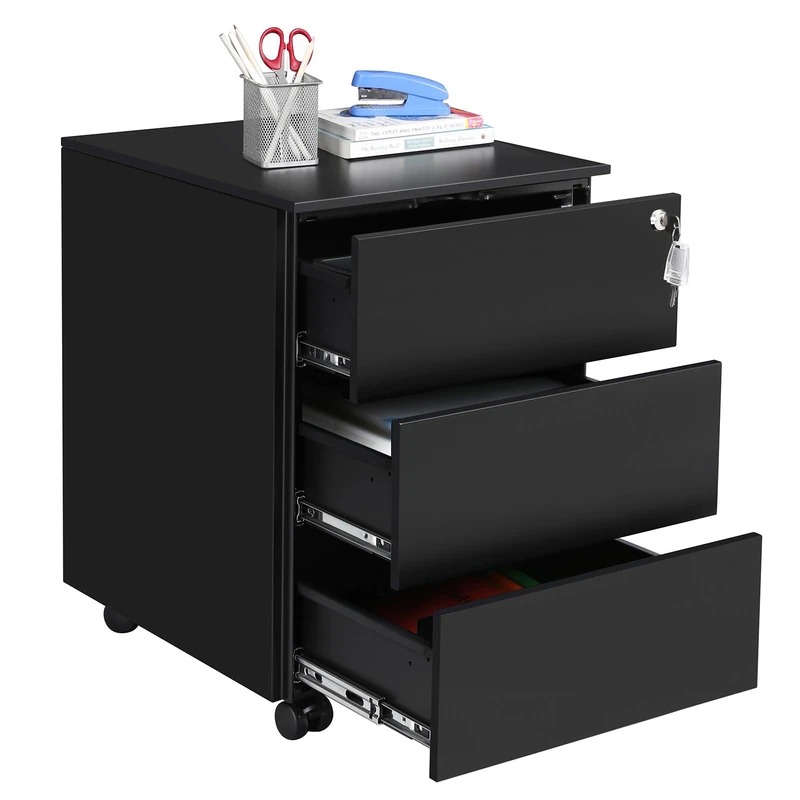 SONGMICS Mobile File Cabinet, Lockable, with 3 Drawers, Hold Documents, Stationery, Pre-Assembled, for Office, Home Office, 39 x 45 x 55 cm, Black OFC63BK