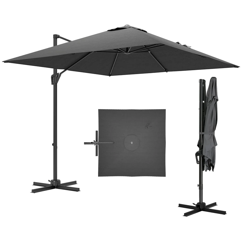 Outsunny 2.5 x 2.5m Patio Offset Parasol Umbrella Cantilever Hanging Aluminium Sun Shade Canopy Shelter 360° Rotation with Crank Handle and Cross Base, Grey