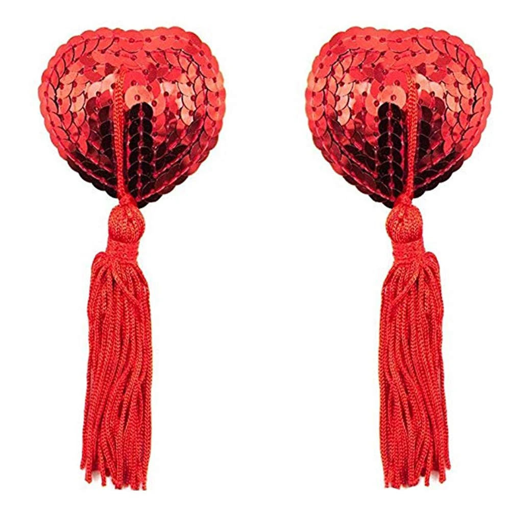 Sexy Breast Pasties Bra Self Adhesive Silicone Nipple Cover Stickers Reusable Bra Sequins Heart with Tassel for Couples Role Play Costume Game Party Accessory, Red, F