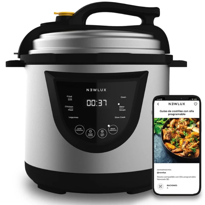 NEWCOOK NEWLUX V110 Electric Programmable Slow Cooker Chef Pot Multi-Function Electric Multicooker, 10 Programmes, 1000W, 6L, Retains Heat, Duo-Pressure System, 100% Non-Stick Container