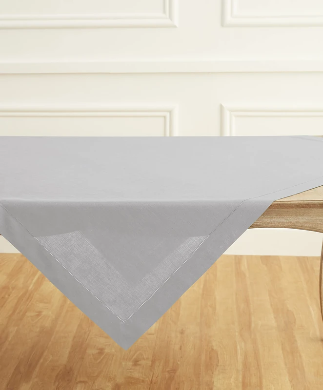 Solino Home 100% Pure Linen Table Cloth, Throw Grey Hemstitch, 52 x 52 in