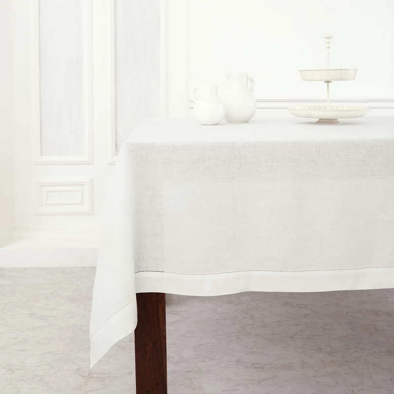 Solino Home 100% Pure Linen Tablecloth White, Classic Hemstitch 60 x 90 in