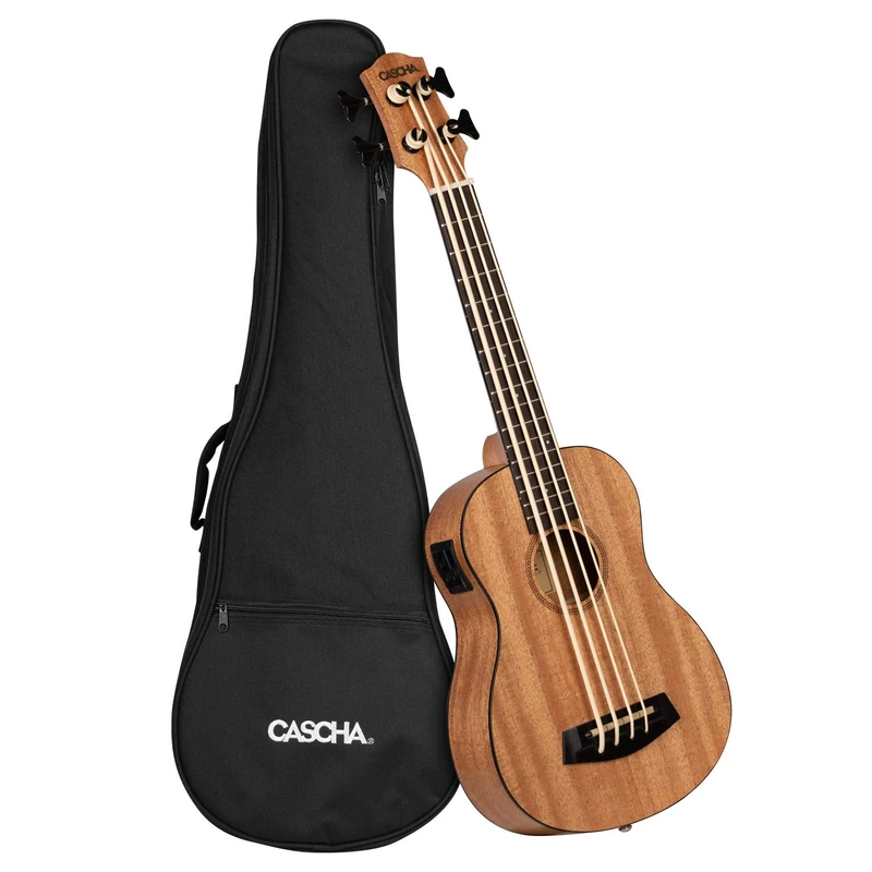 CASCHA Bass Ukulele Mahogany with Bag, Tuner, Pickup-System, Aquila Thundergut Strings, Small Hawaiian Guitar for Beginners & Advanced, HH 2175