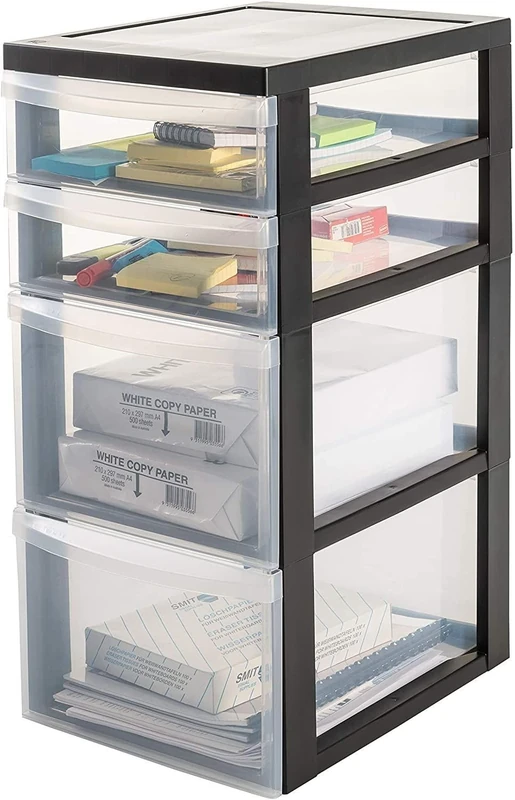 Iris Ohyama, Plastic Drawers Storage Unit, Plastic Storage Drawers, A4 Format & 4 Wheels, H61.5cm/4 Drawers Mix, BPA Free, Black, W40 x D29 x H61.5cm, DC-322