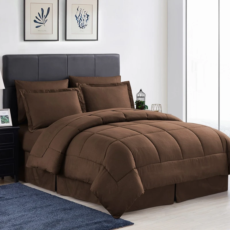 Sweet Home Collection 2 Pillowcases & 2 Shams & Bed Skirt All Season Warmth, Fine Double Brushed Microfiber/100% Fiber Fill, Greek Key Chocolate, Queen