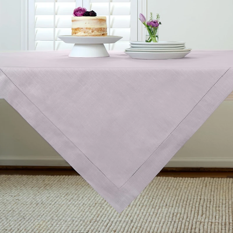 Solino Home 100% Pure Linen Table Cloth, Throw Lilac Hemstitch, 52 x 52 in