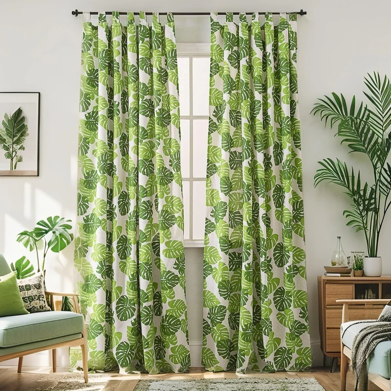 BROSHAN Tropical Window Curtains, Light Green Bedroom Curtains 2 Panels of 108 inches Long, Jungle Plant Banana Leaf Print Curtains & Drapes Extra Wide 55inch for Living Room Dining Room