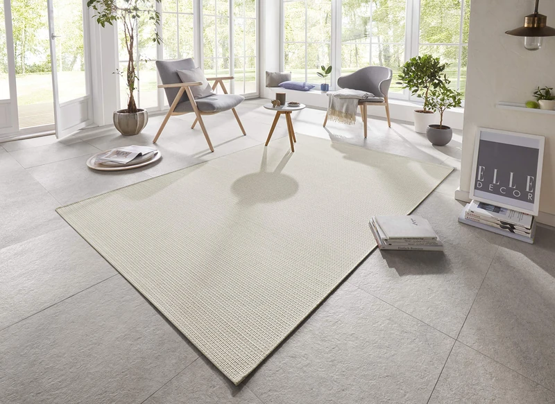 Elle Decoration Millau Indoor and Outdoor Rug 80 x 150 cm - Short Pile Weatherproof Waterproof Modern Plain Design for Patio Balcony Living Room Bedroom Dining Room Kitchen Hallway in Cream Beige