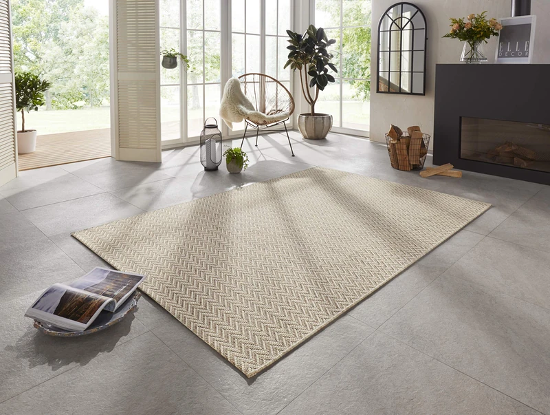 Caen Indoor and Outdoor Rug 120 x 170 cm - Handmade Look Modern Design Flat Weave - Weatherproof for Patio, Balcony, Living Room, Kitchen, Office and Bedroom in Cream