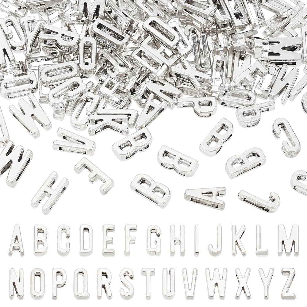 PH PandaHall 130pcs Tibetan Alloy Alphabet A-Z Slide Charms Letters Slide Beads Charms for DIY Craft Flat Bracelet Wristbands Necklace Choker Christmas Jewellery Making