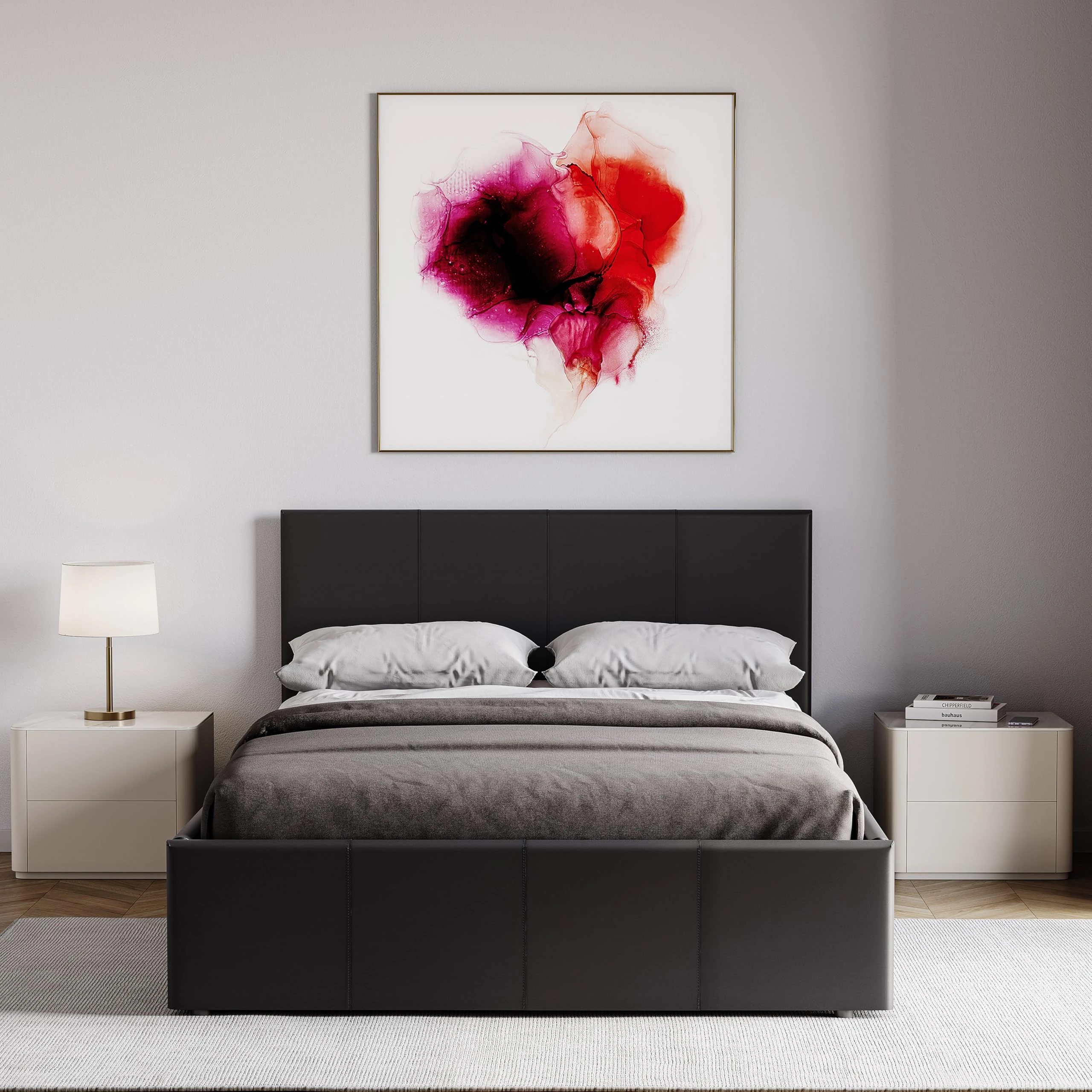 Vida Designs Lisbon Small Double Bed, 4Ft Ottoman Bed Frame Upholstered Faux Leather Headboard Low Foot End Bedroom Furniture, Black (UKFR Certified)