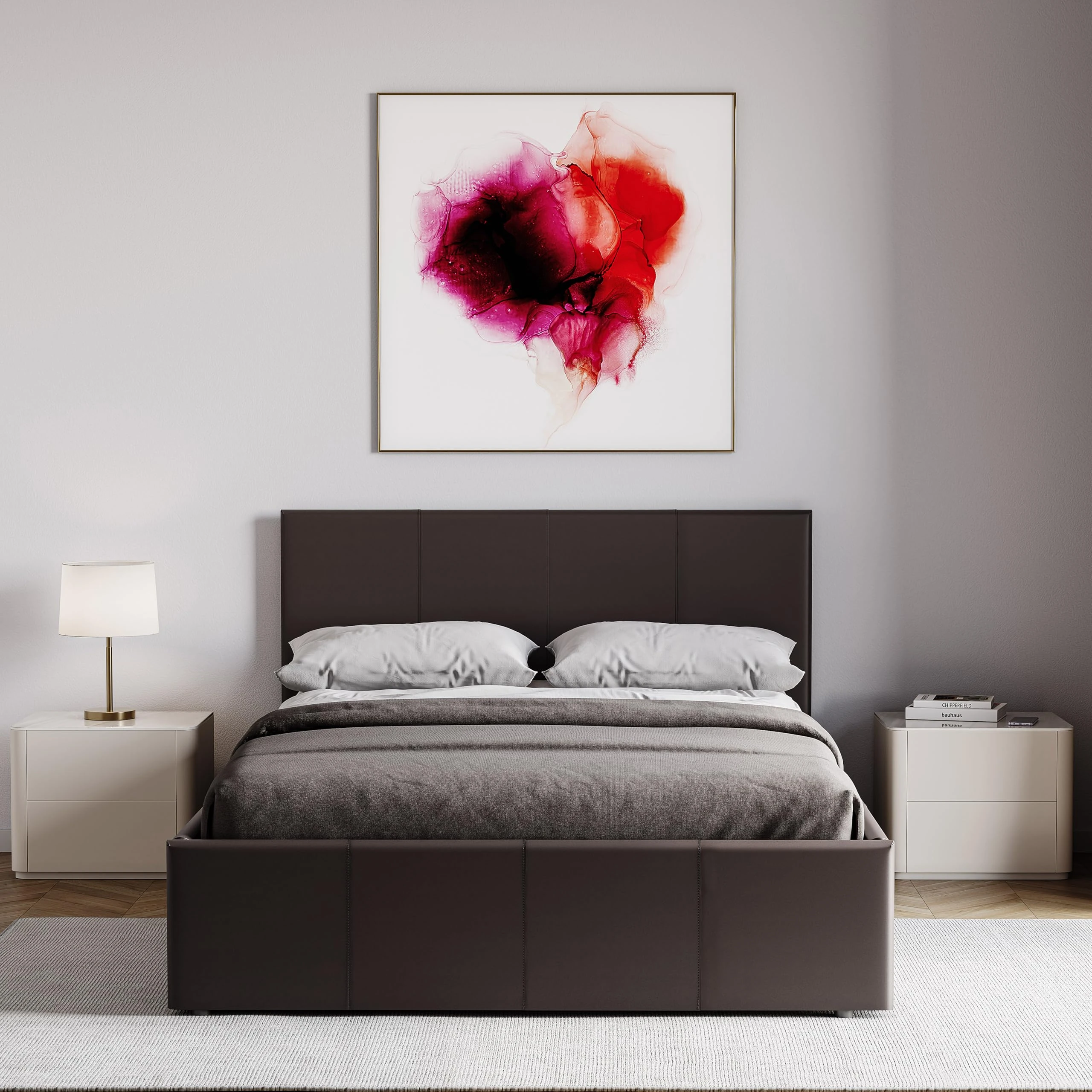 Vida Designs Lisbon Small Double Bed, 4Ft Ottoman Bed Frame Upholstered Faux Leather Headboard Low Foot End Bedroom Furniture, Brown (UKFR Certified)