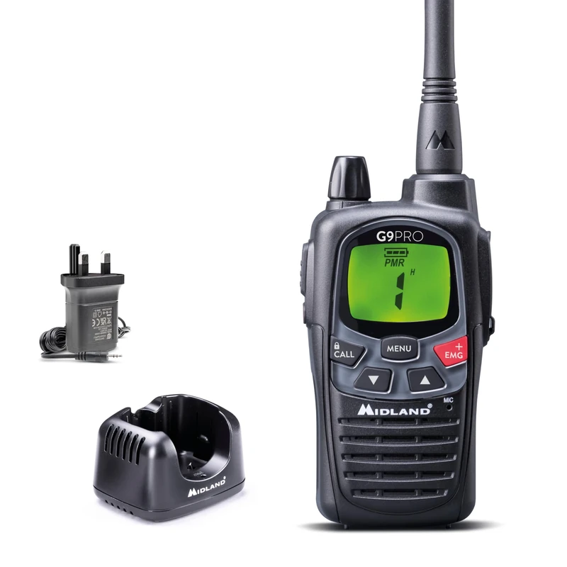 Midland - Walkie Talkie G9 PRO Black, IPX4 Waterproof Long Range Walkie Talkies, 2 Way Radio, Airsoft & Outdoor, 101 Channels - 32 PMR446/69 LPD, 12Km Range, 23H Battery Life, 4 Rechargeable Batteries