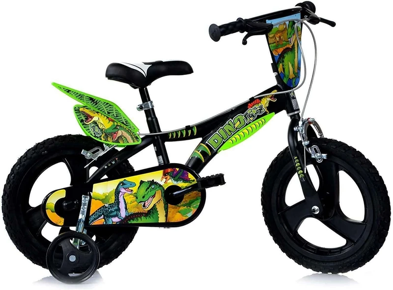 Child Bicycle Boy Dinosuar 16 Inch Brakes on Handlebar Removable Wheels Black Green