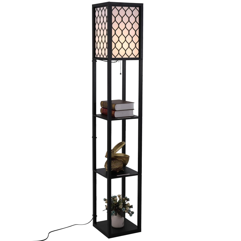 HOMCOM Floor Lamp with Shelves, Modern Tall Standing Lamps with Fabric Lampshade, Chain Switch and Single Light for Living Room, Bedroom, Bulb not Included, Black
