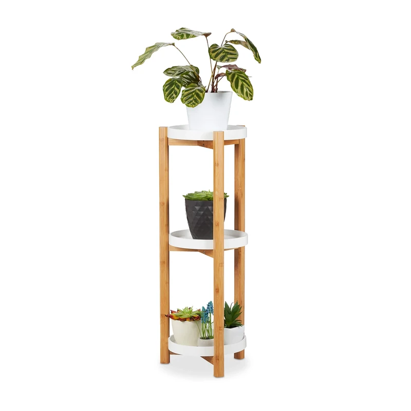 Relaxdays Stand, 3 Tiers, Bamboo & MDF, Round, Modern Plant Pot Shelves for Indoors, H x D: 79 x 30 x 30 cm, Natural/White