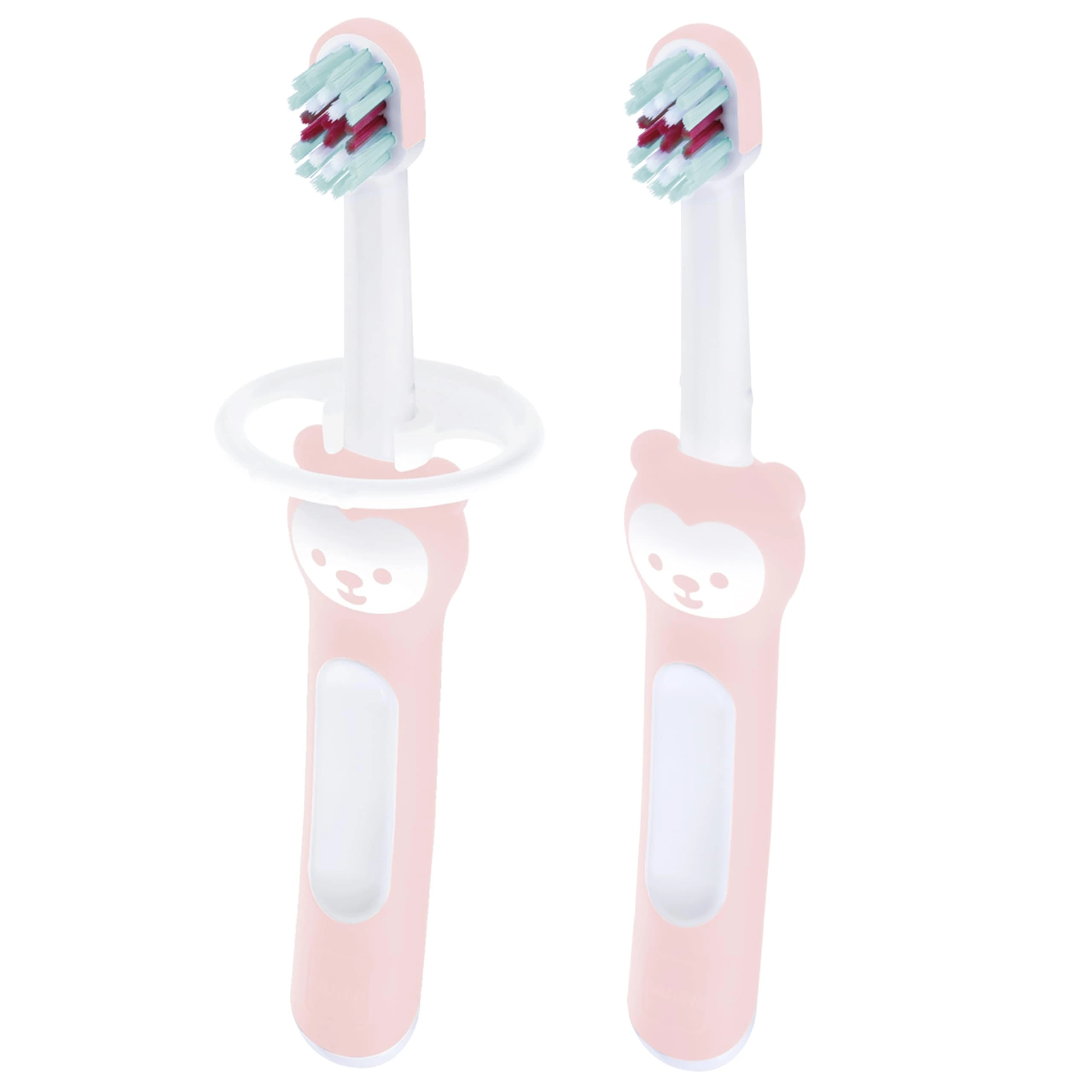 MAM Baby's Brush | 2 Pack | Toothbrush with Safety Shield | 6+ Months | For Teaching Dental Hygiene to Babies | Extra Soft Bristles | Ergonomic and Non-Slip | Pink