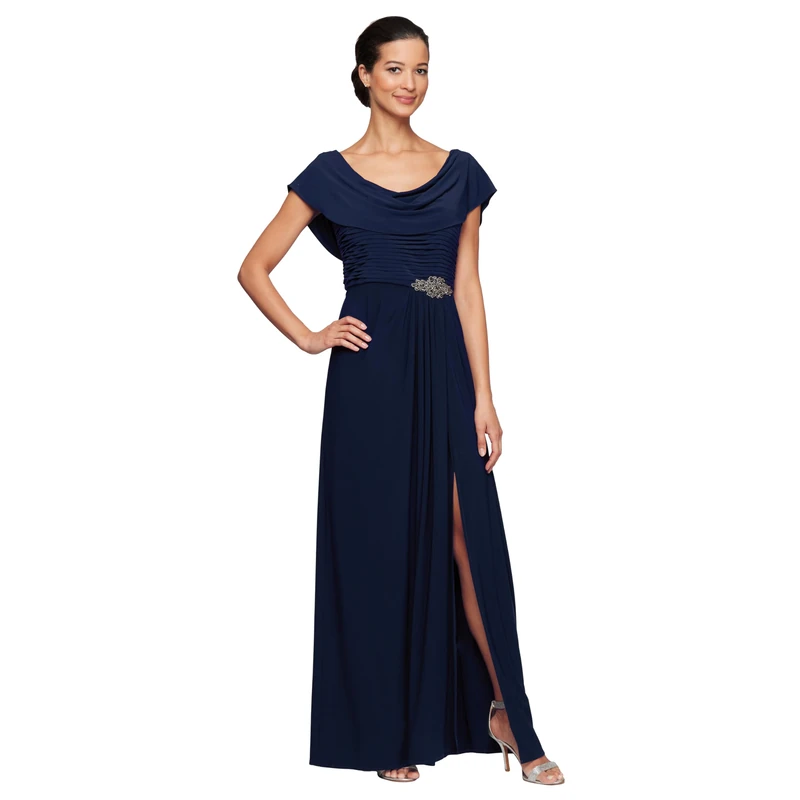 Alex Evenings Women's Long Cowl Neck A-line Dress Special Occasion, Navy, 6