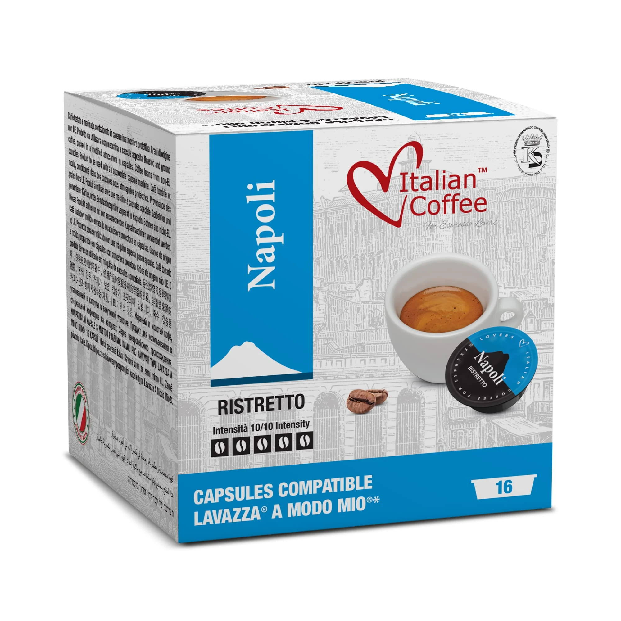 Italian Coffee capsules compatible with Lavazza A Modo Mio machines, Espresso pods ("Napoli" Ristretto Blend, 128 Pods)
