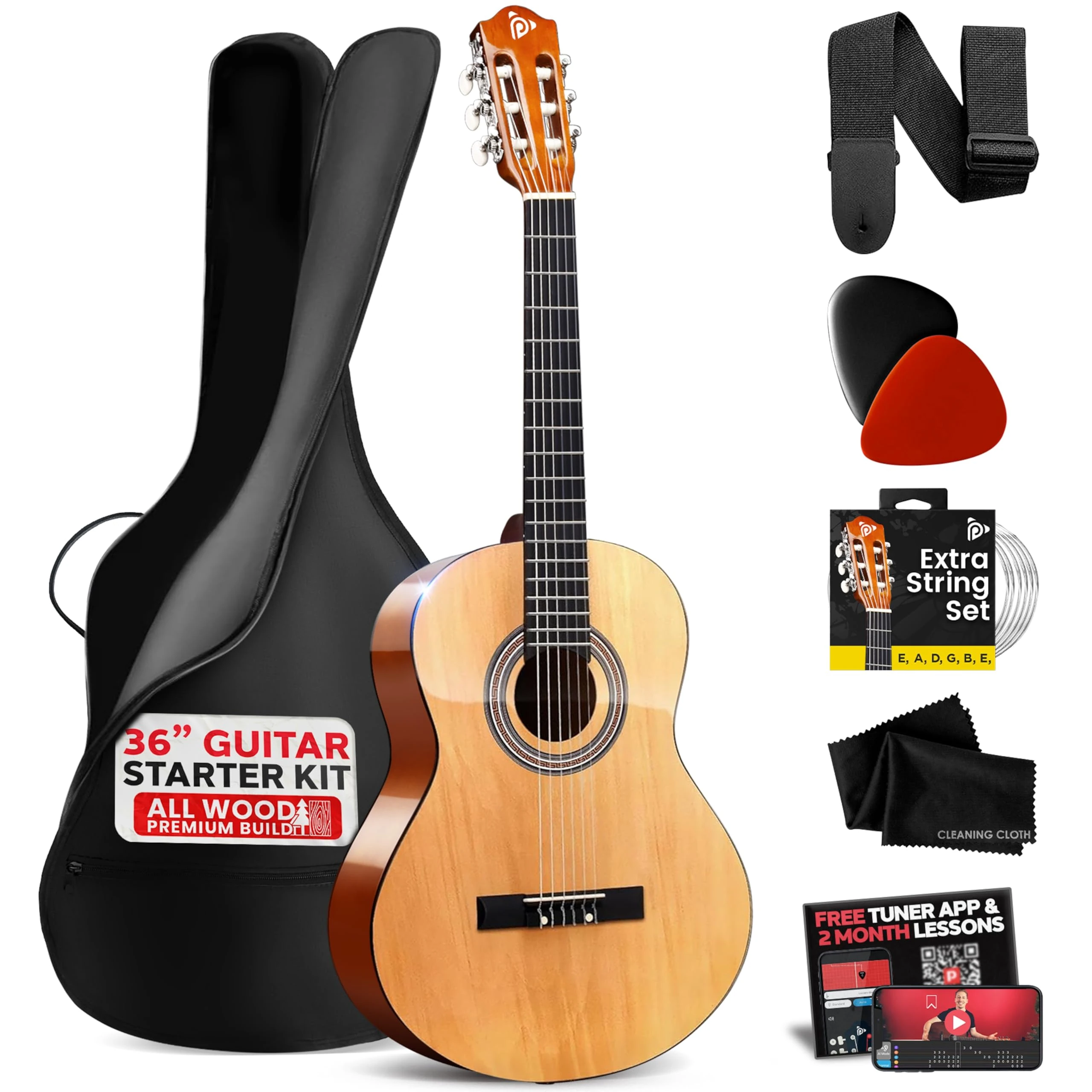 Pyle Classical Acoustic Guitar 91cm -3/4 Junior Size 6 Linden Wood Guitar w/Gig Bag, Tuner, Nylon Strings, Picks, Strap, for Beginners, Adults, Right, Natural Color