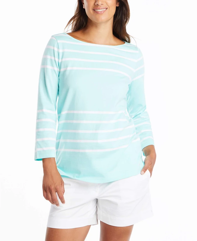 Nautica Women's Solids and Stripes Boatneck 3/4 Sleeve 100% Cotton Shirt, Aruba Blue, X-Large