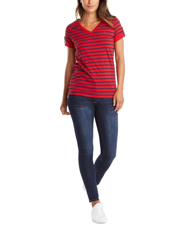 Nautica Women's Easy Comfort V-Neck Striped Supersoft Stretch Cotton T-Shirt Red, Small