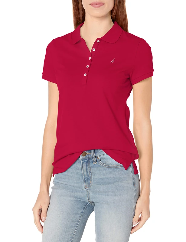Nautica Women's 5-Button Short Sleeve Breathable 100% Cotton Polo Shirt Red, XS