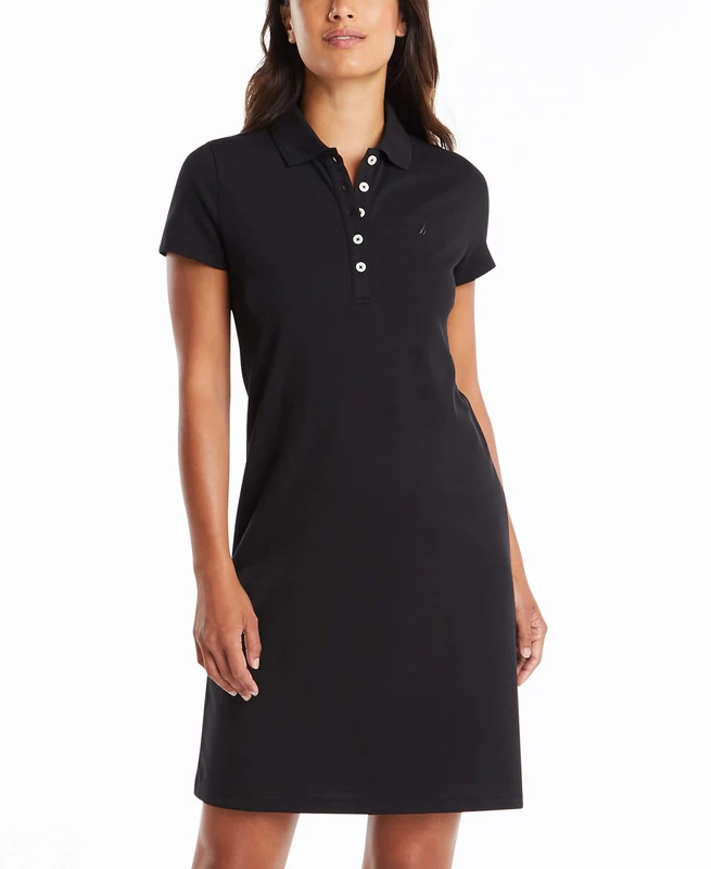 Nautica Women's Easy Classic Short Sleeve Stretch Cotton Polo Dress Casual, True Black, XS