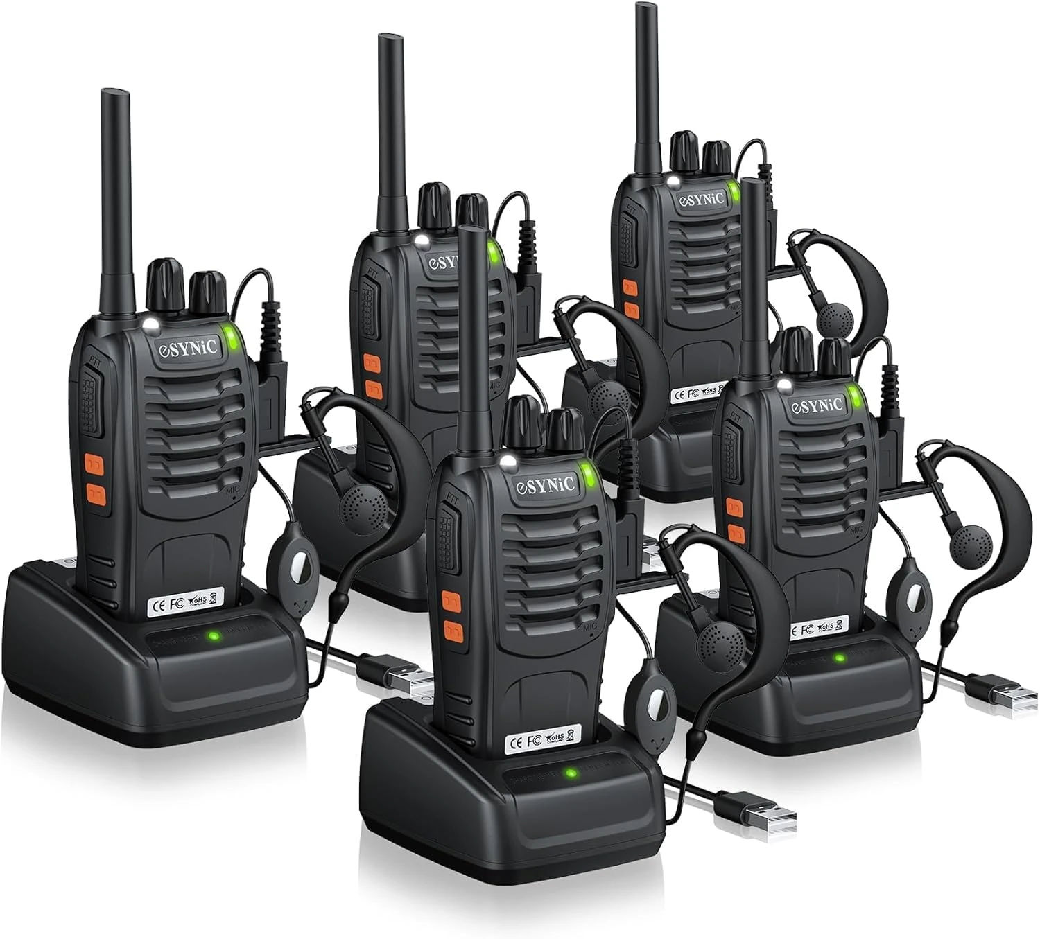 eSynic 5Pack Professional Walkie Talkies for Adults Rechargeable Long Range Radio Walkie Talkie PMR446 VOX Noise Reduction Walky Talky With Orginal Earpieces with LED light for Work Travel etc