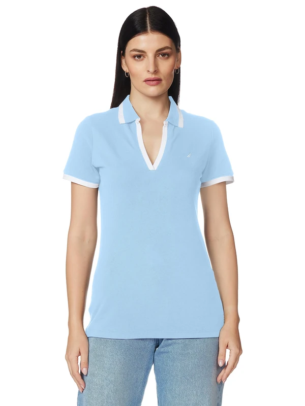Nautica Women's Classic Fit Striped V-Neck Collar Stretch Cotton Polo Shirt, Della Robbia Blue, Large
