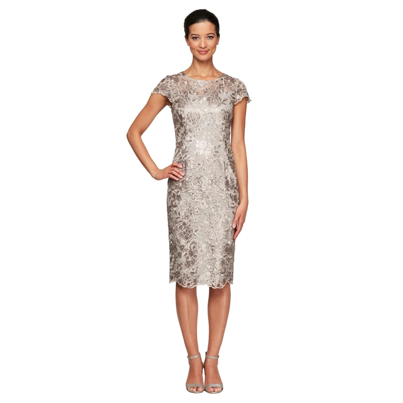 Alex Evenings Women's Short Floral Embroidered Cocktail Sheath Dress, Wedding Guest, Formal Gown (Petite and Regular Sizes) Special Occasion, Taupe, 14