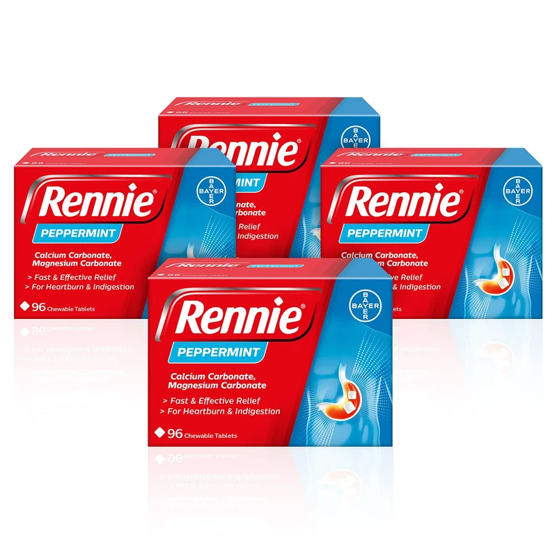 Rennie Antacids, Peppermint Flavour Heartburn Relief and Indigestion Tablets, Fast and Effective Relief for Acid Reflux, 4 Packs of 96 (384 total)
