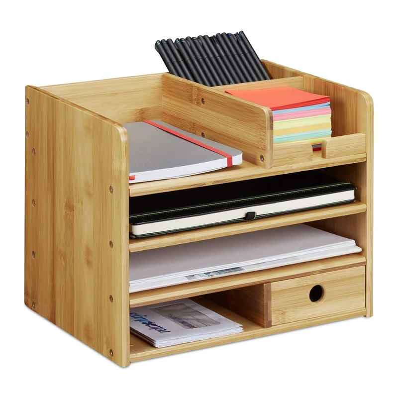 Relaxdays Desk Organiser, A4 Letter Tray, Keep Notes and Pens Neat and Tidy, Drawer, Office Storage, Bamboo