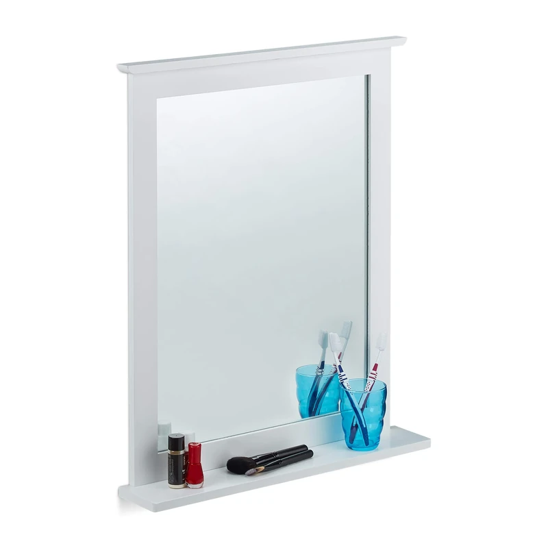 Relaxdays Bamboo Wall Mirror, Shelf, Rectangular Living Room, Bathroom or Hallway Hanging Mirrors, HWD 68 x 56 x 10 cm, White